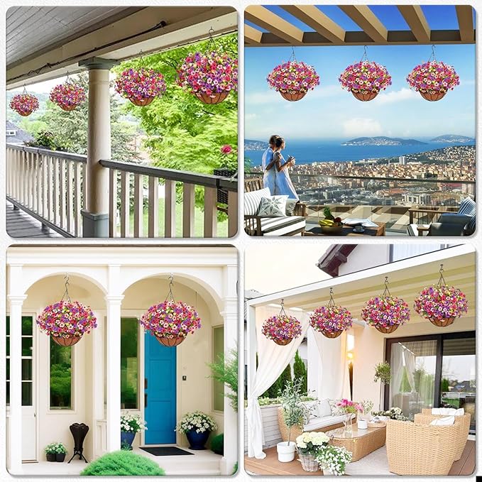 2 Pack Artificial Hanging Flowers for Outdoors, Fake Hanging Plants with 12" Baskets, 24 Pcs UV Resistant Artificial Hanging Flowers for Decoration Outdoors Garden Patio Porch Yard Spring Summer Decor