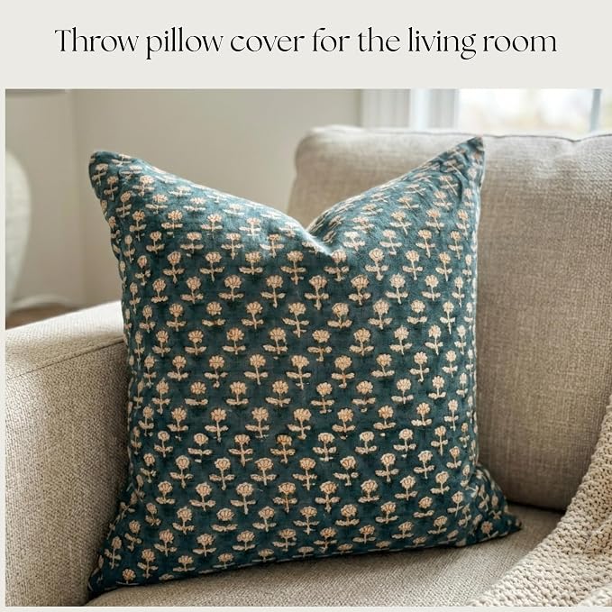 Linen Blue Throw Pillow Covers 20x20 inch Floral Pillows Spring Decorative Pillow Covers for Living Room, Bedroom