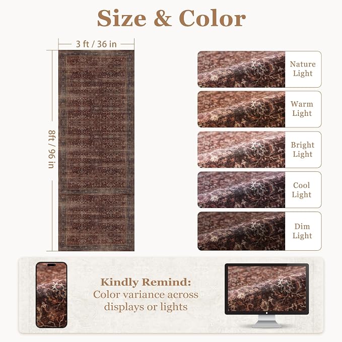 3x8 Hallway Runner Rug, Entryway Kitchen Runners Non Skid Washable 8 ft, Non Slip Ultra Thin Print Carpet Runner for Corridor Mudroom Foyer Bathroom Bedroom, Vintage Farmhouse Brick Red