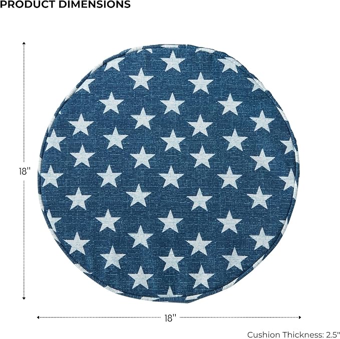 Set of 2 Outdoor 18 inch Round Patio Dining Chair Pads – Comfortable Fiber-Filled Seat Cushions with Ties, Reversible Polyester Fabric, Stars