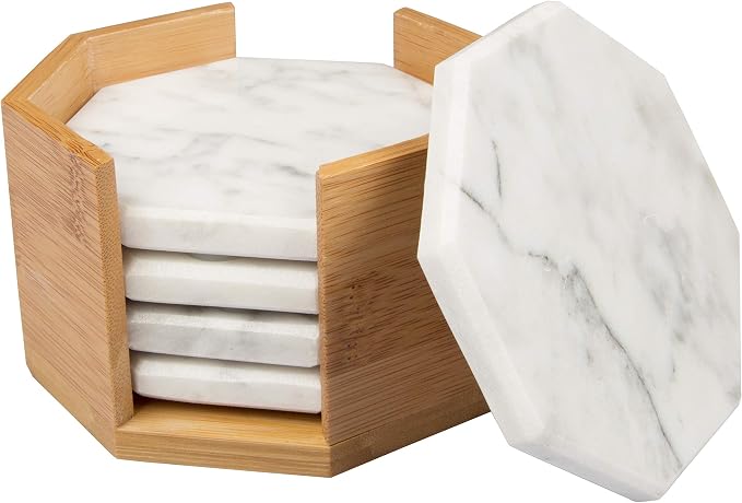 White Carrara Marble Coasters (Set of 5)- Durable, Thick Coasters w Coaster Holder for Easy Storage - Protects Any Table Type & Fits Any Mug, Drinking Glass, Barware -Great Wedding