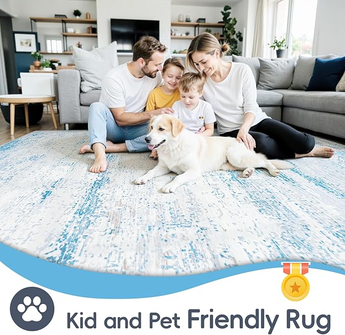 6x9 Area Rugs Washable Rug:Anti-Skid Abstract Modern Living Room Rug Soft Thin Carpets Indoor Floor Non-Shedding Carpet for Bedroom Dining Farmhouse Nursery Home Office(Light Blue/White/Beige, 6x9)