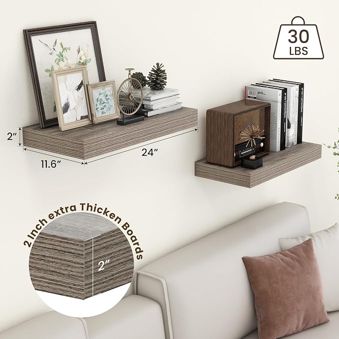 FLYJOE Deep Floating Shelves | 24 Inch Grey Floating Shelves Set of 2 | 12 Inch Deep Rustic Wood Shelves for Wall | 24" W x 12" D Grey Shelves for Living Room Bathroom Laundry Room Kitchen