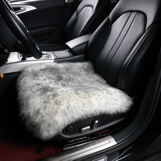Sheepskin Chair Cushion Non-Slip Back Square Genuine Fur Chair Cover Silky Natural Wool Seat Cushion Pad Soft Area Rugs Carpet for Home Office Restaurant Chair 18x18 Inch (Pack of 2), Silver Grey