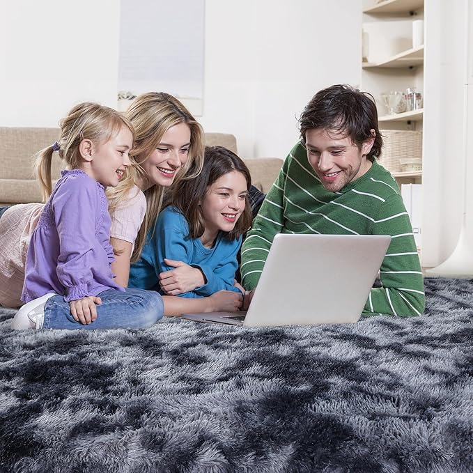 KICHOWUA Thick Area Rug Dark Grey Fluffy Shag 6x9 for Bedroom Living Room Ultra Soft Plush Fuzzy Washable Thickened Non-Slip Carpet, Comfy Shaggy Furry Rug for Kids Baby Nursery Dorm, Tie-Dye Gray