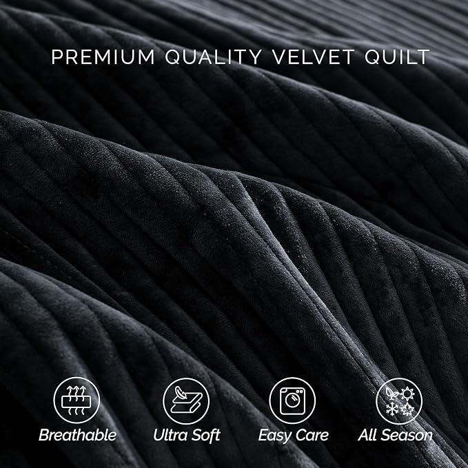 Elegant Comfort Luxury 3-Piece Velvet Corduroy Stripe Quilt Set, Ultra Soft Bedspread - Cozy Velvet Coverlet Set - 3PC Medium Weight Quilted Set with Matching Pillow Shams, Twin XL, Black