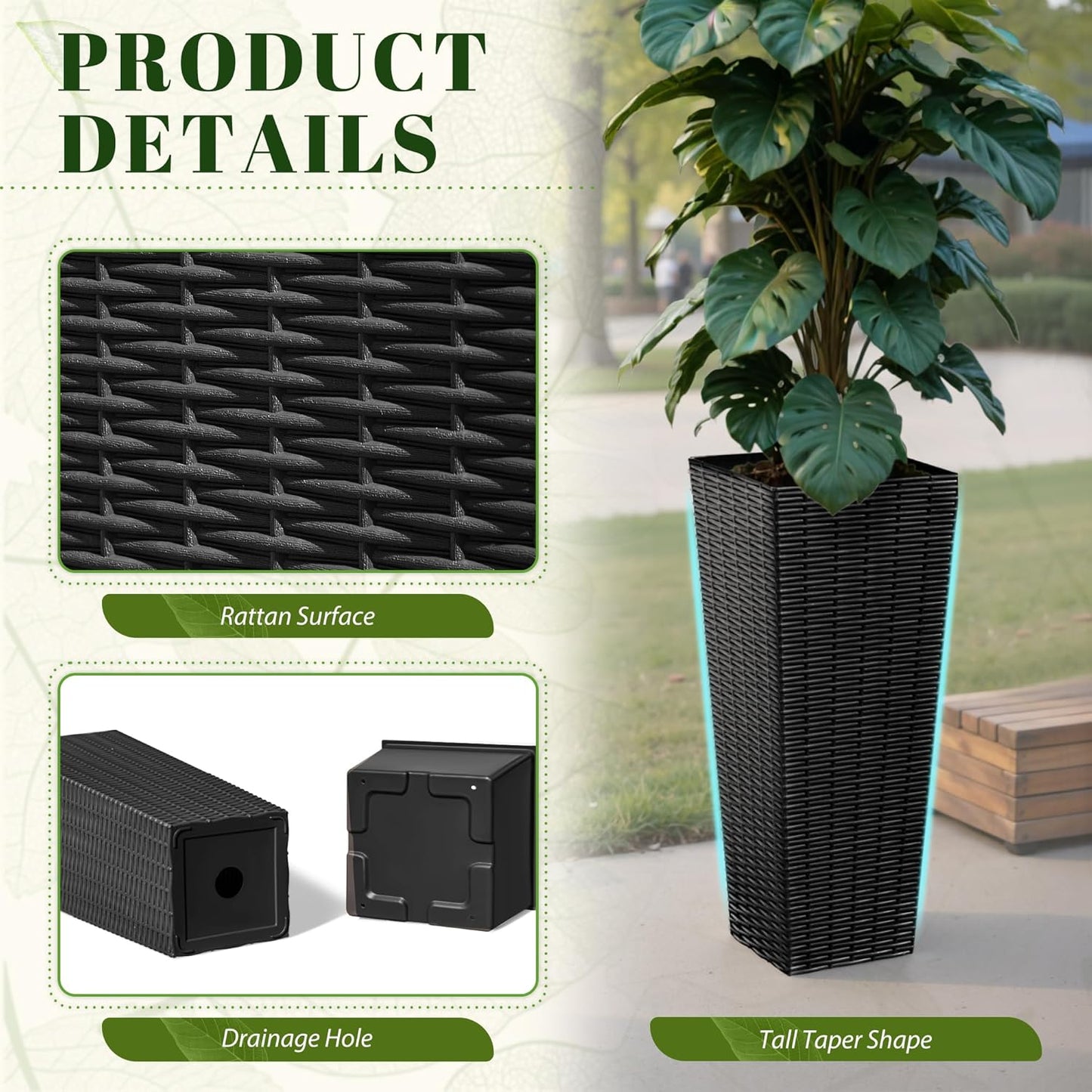 JUMMICO Set of 2 Resin Rattan Tall Planters for Outdoor Plants, Large Tapered Planters with Drainage Holes&Inner Trays, Flower Pots for Garden, Patio, Porch, Backyard (Black, 24'')