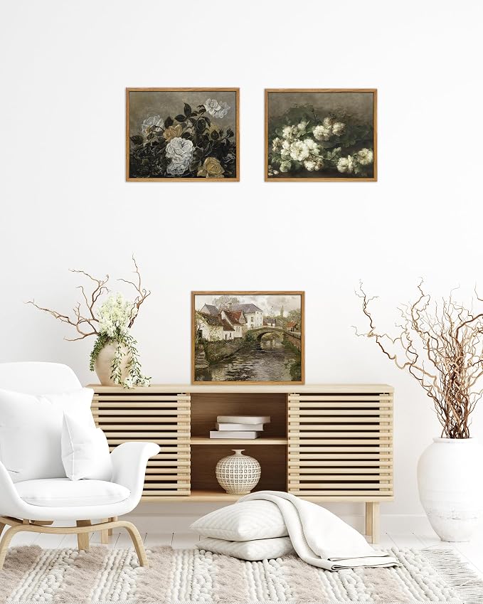 UPWOIGH 12x16 Framed Belgian Village Wall Art | Country Oil Painting Style, European Canal Scene, Moody Autumn Décor, Rustic Farmhouse Artwork