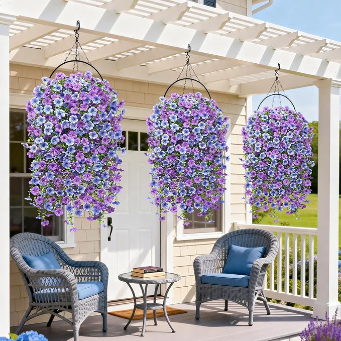 Artificial Hanging Flowers for Outdoors Spring Summer Decoration, 4PCS UV Resistant Silk Fake Hanging Plants for Patio Porch Front Yard Window Garden Indoor Decor(Blue&Purple,4PCS)