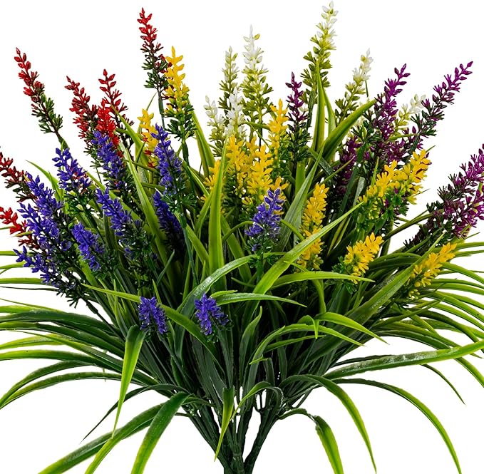 Nigirior Artificial Flowers for Outdoor Plants 24 Bundles Fake Lavender Plastic Faux Monkey Grass for Verandah Window Garden Office Patio Front Porch UV Resistant for Planter(5 Colors)