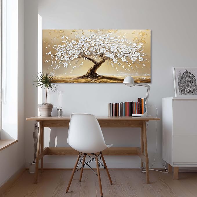Ggaafet White FLower Tree Wall Art for Living Room Canvas Oil Painting Prints Beautiful Gold Floral Blooming Art Deco Modern Artwork Office Bedroom Family Dining Room Decor Large