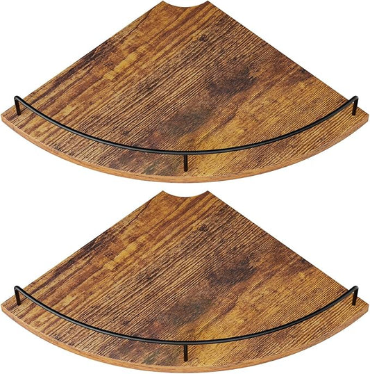 Corner Floating Shelves, Rustic Brown Wood, Set of 2, Wall Mount Storage with Guardrail for Bathroom Kitchen Living Room