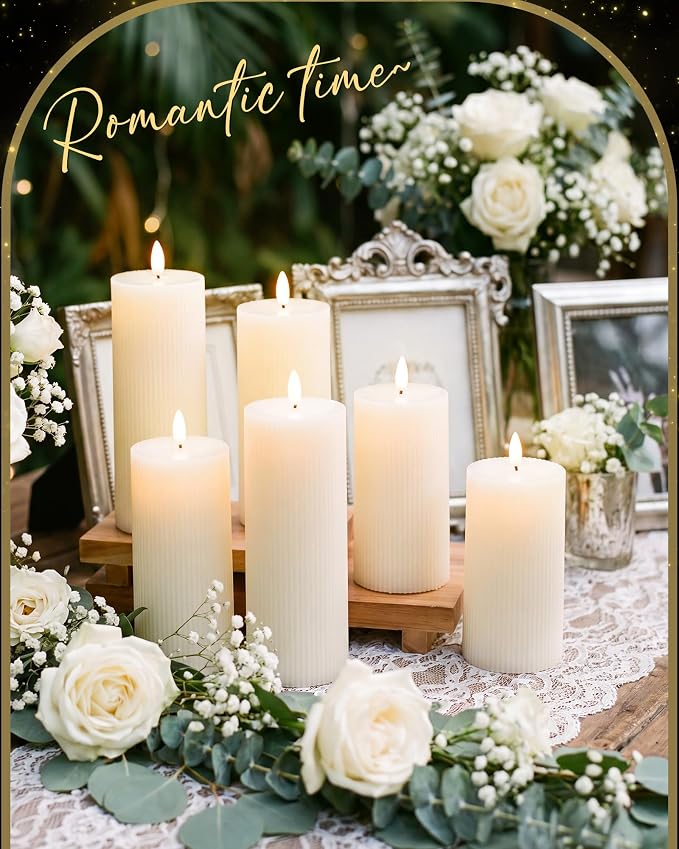 VIHOSE 6 Pack Lvory White Flameless Candles Set with Remote and Timer Flickering Flameless Battery Candles Flat Top LED Pillar for Wedding Outdoor Festival Decoration(Striped, D 3'' H 6'' 7'' 8'')