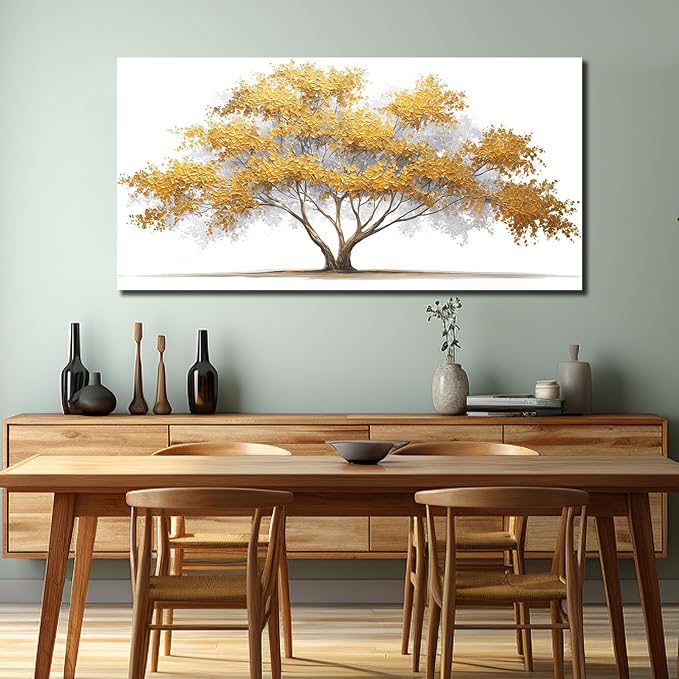 AOZEMI Tree Wall Art White Pictures Wall Decor Yellow Canvas Art for Living Room Bedroom Bathroom Office Large Modern Artwork 29"x 59"