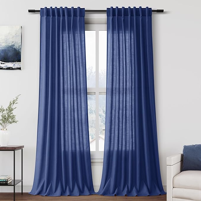 Nanspring Classic Blue Linen Curtains Semi Sheer 96 Inches Long 2 Panels Set for Living Room Back Tab Rod Pocket Light Filtering Drape for Bedroom Modern Farmhouse Coastal Decor Protect Privacy 52x96