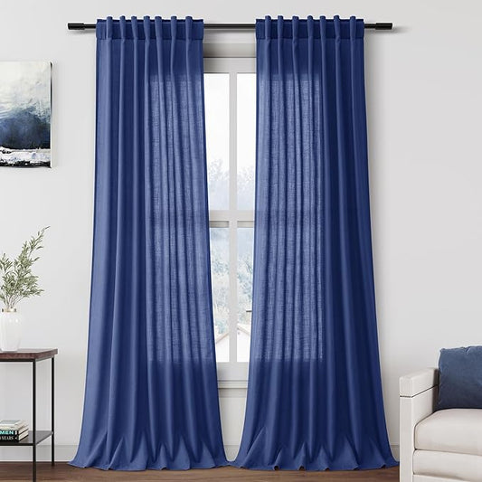 Nanspring Classic Blue Linen Curtains Semi Sheer 96 Inches Long 2 Panels Set for Living Room Back Tab Rod Pocket Light Filtering Drape for Bedroom Modern Farmhouse Coastal Decor Protect Privacy 52x96