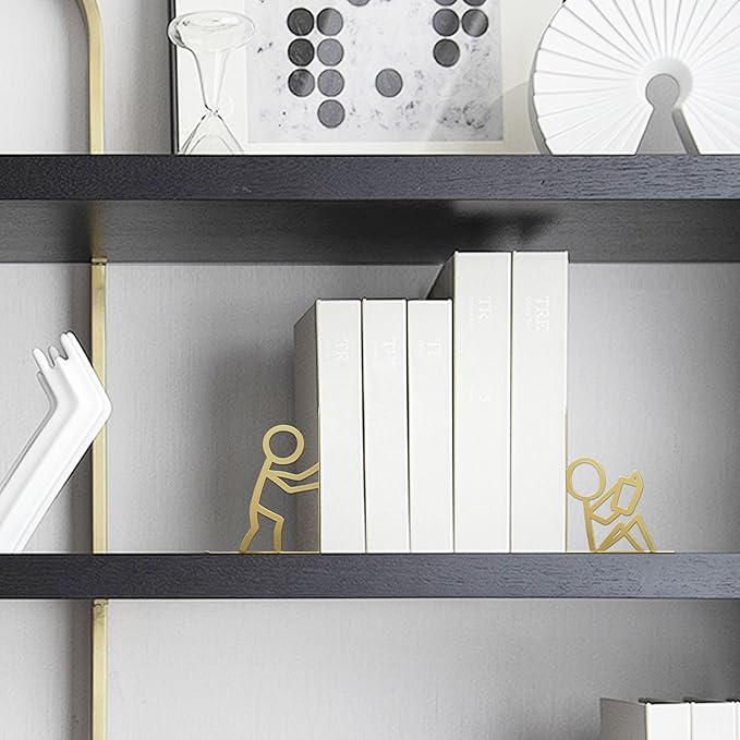 Metal Unique Office Desk Bookends Decorative Cute Book Ends Reading Decor Bookshelf Decor for Office School Library Bedroom, Book Lovers Gift（Gold）