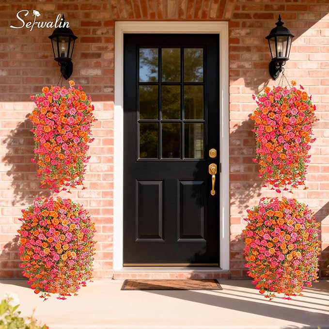 Serwalin Artificial Hanging Flowers for Outdoors Faux Plants, 4PCS Faux Morning Glory Fake Outdoor Flowers UV Resistant Realistic Silk Flower for Outside Planter Front Door Porch Patio Yard Decor