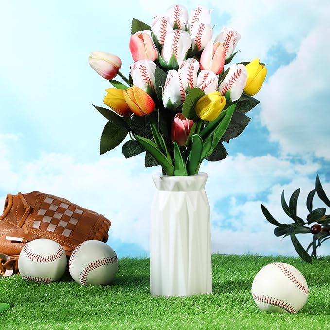 Suhine 6 Pcs Artificial Baseball Rose Flowers Sports Party Favors Bulk for Birthday Graduation Wedding Party Decorations Table Centerpieces Game Prizes Senior Night Gifts(Baseball Color, Normal)