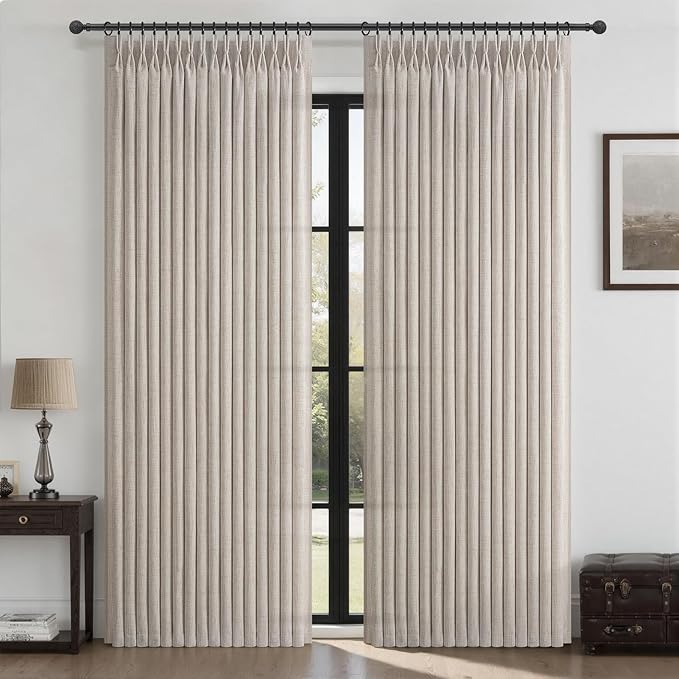 Pinch Pleated Natural Linen Curtains 96 Inches Long for Living Room, Greyish Brown Memory Trained Light Filtering Boho Windows Drapes 2 Panels Set Privacy Semi Sheer 8FT Length Bedroom Heavy Curtain