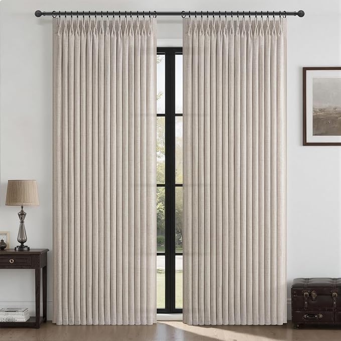 120 Inch Extra Long Pleated Greyish Brown Curtains for Living Room Windows, Memory Shape Semi Sheer Floor Length Drapes Privacy Light Filtering Natural Linen Country Curtain 10FT Length 2 Panels Set