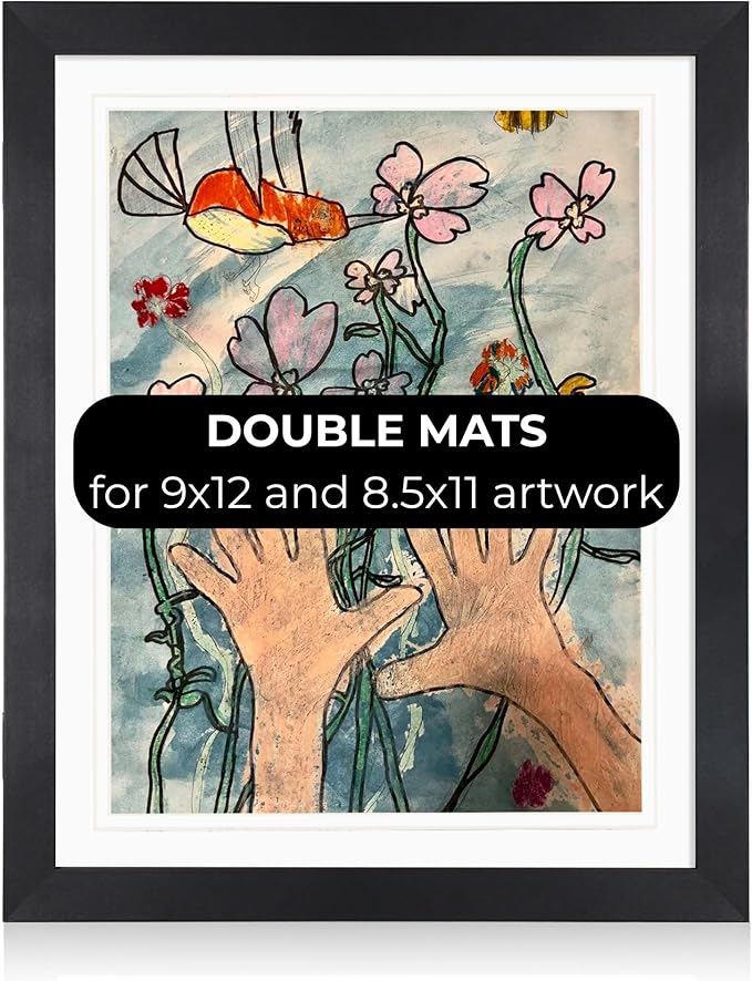 2-Pack Kids Artwork Frames Changeable 10x12.5 with Easel Stands, Hangers, Backboards, Shatterproof Plexiglass | 2 Mats Fit 9x12, 8.5x11, A4 Paper Sizes | Large and Easy-Access Kids Art Frame Display and Storage for up to 100 Sheets (Gold)