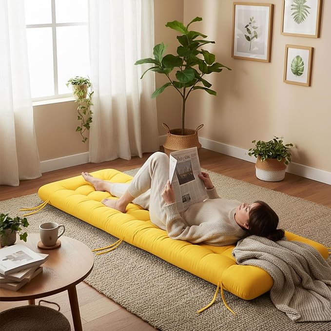 Vercraft Long Floor Cushion Large Floor Cushion with Brushed Cotton 74.8 x 27.5 x 3.15 in Jumbo Lounger Pillow for Outdoor Indoor Bay Window Meditation Yoga Reading Sleeping(1 Pc,Yellow)