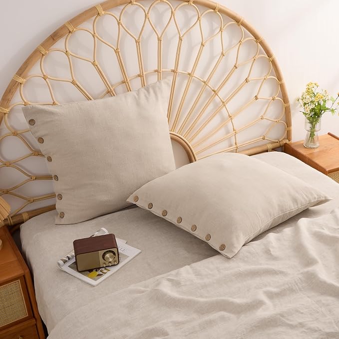 ATLINIA Linen Pillow Cases Euro Sham - 26"x 26" Pillowcase Set of 2, Button Closure Cooling Breathable Square Pillow Cover, Bed Flax Linen Cotton Blend Farmhouse Netural Pillow Sham Linen Color