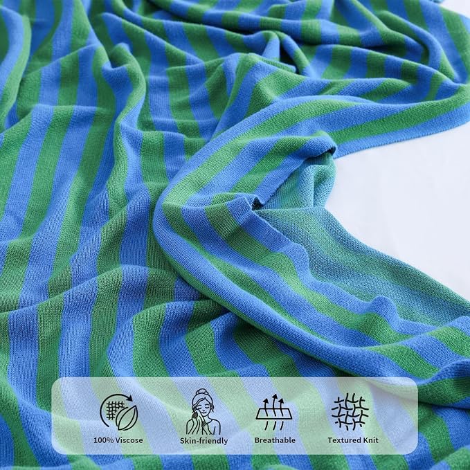 BOV Knit Thin Blankets for Summer - 100% Viscose Super Soft Breathable Decorative Throw Blanket for Chair Couch Sofa Bed, Perfect Self Care Gifts for Women & Men, Kelly Green & Cobalt Stripe 50"x60"