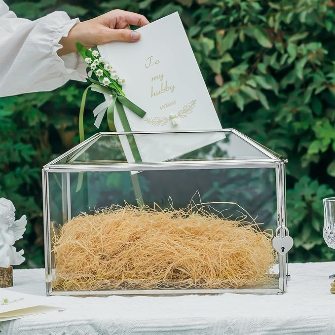 NCYP 12.6" x 5.9" x 9" Wedding Glass Cards Box with Slot and Lock, Thanks Card Holder for Keepsake, Envelops, Reception, Decorative, Silver (Glass Box Only) Slot Length 7.3 Inches