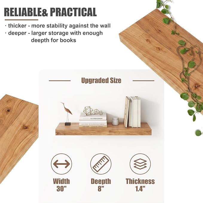 FLYJOE Floating Shelves for Wall, USA-Sourced Elm Wood 30 Inch Wall Shelves Set of 2, Natural Wooden Mounted Picture Ledge Shelf, Nursery Book Storage Shelf Kids Bookshelf Display, Shelf for Bathroom
