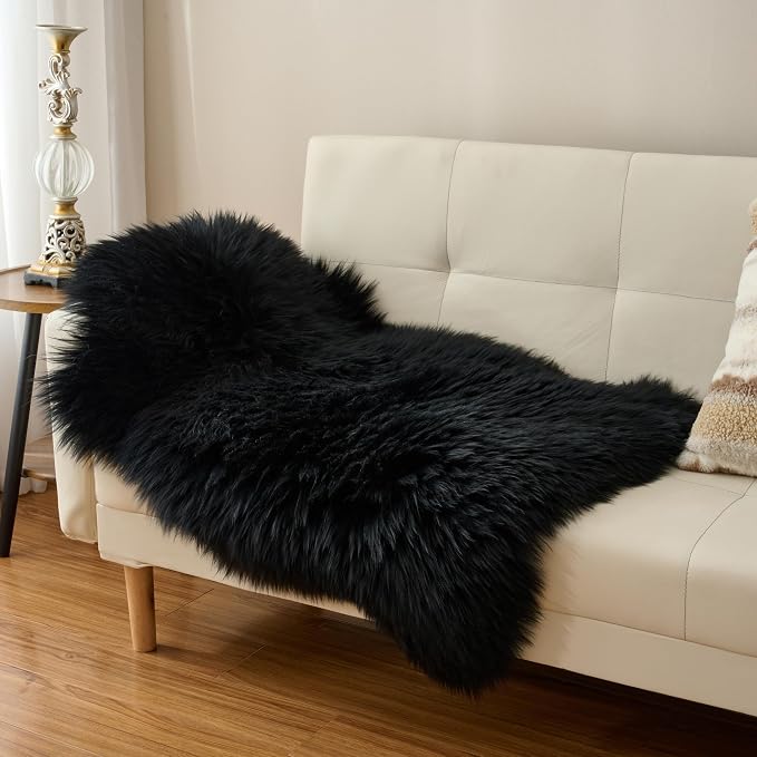 Premium Genuine Sheepskin Area Ruge - Real Wool Fur Shaggy Carpet | Fluffy Soft Natural Lambskin Rug Seat Chair Covers for Couch Sofa Bedroom Living Room(Black,2×3 Feet Sheepskin)