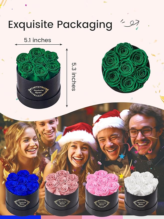 Beaulasting Long Lasting Preserved Roses in a Box Last a Year Forever Flowers for Her Mom Wife Anniversary Birthday (Round Black Box, Blackish Green)