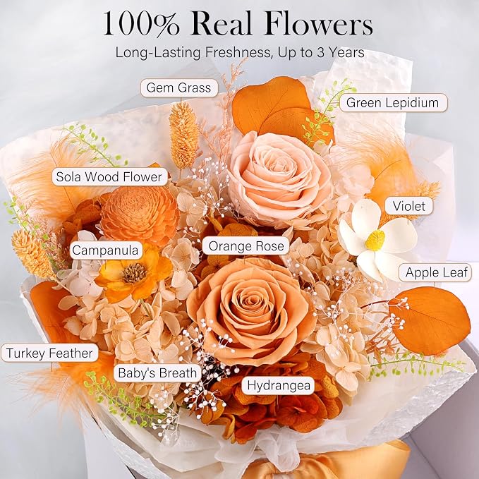 Preserved Flowers Bouquet - Forever Flowers for Delivery, Eternal Roses Bouquet That Last 3 Years, Mothers Day Gifts for Mom Grandma Wife, Anniversary Birthday Gifts for Women, Light Orange