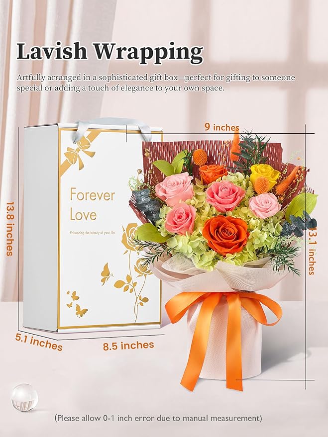 Flomoon Forever Flowers Gifts for Mom, Mothers Day Preserved Flowers Bouquet Birthday Gifts for Her, Preserved Roses for Grandma Wife Anniversary Valentines Day Christmas (7Roses, Orange)