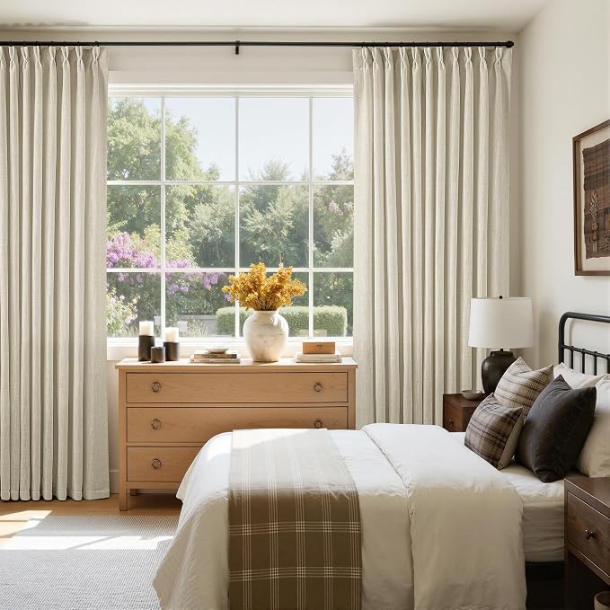 Pinch Pleated Extra Wide Curtain Panels 120 Inches Long 70 Inch Wide Linen Curtain for Patio Sliding Glass Door Beige Hooks Rings Semi Sheer Privacy 120 Inch Length for Living Room 70x120 1 Panel