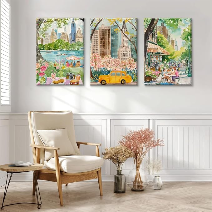 SYYANKK Watercolor New York City Wall Art NYC Canvas Poster Travel Wall Decor NYC Painting Central Park Picture New York Landmarks Artwork for Bedroom Living Room 12x16x3 Inch Ready to Hang
