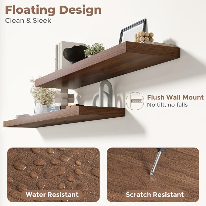 55 Inch Floating Shelves for Wall with Invisible Brackets Set of 2, 12"D Engineered Wood Wall Shelves with Wood Grain for Living Room, Bedroom, Bathroom, Kitchen Decor and Storage, Walnut Finish