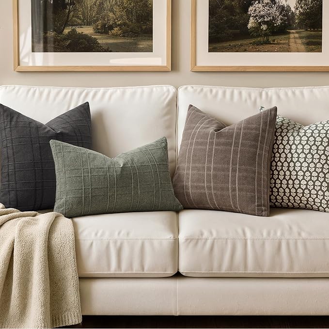 MIULEE Decorative Linen Check Euro Shams Throw Pillow Covers Neutral Farmhouse Vintage Pillow Covers 22x22 Set of 2 Boho Modern Winter Home Decor for Sofa Couch Bedroom Cushion Brown