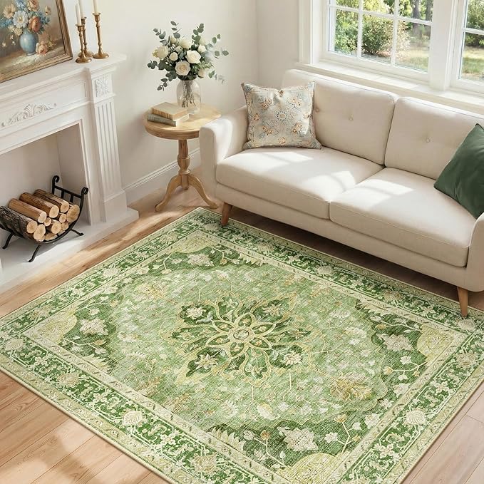 RELEANY Area Rugs 4'x5' Washable Non-Slip, Floral Vintage Distress Print Pattern Medallion Carpet for Living Room Bedroom Dining Room, Sage Green Yellow
