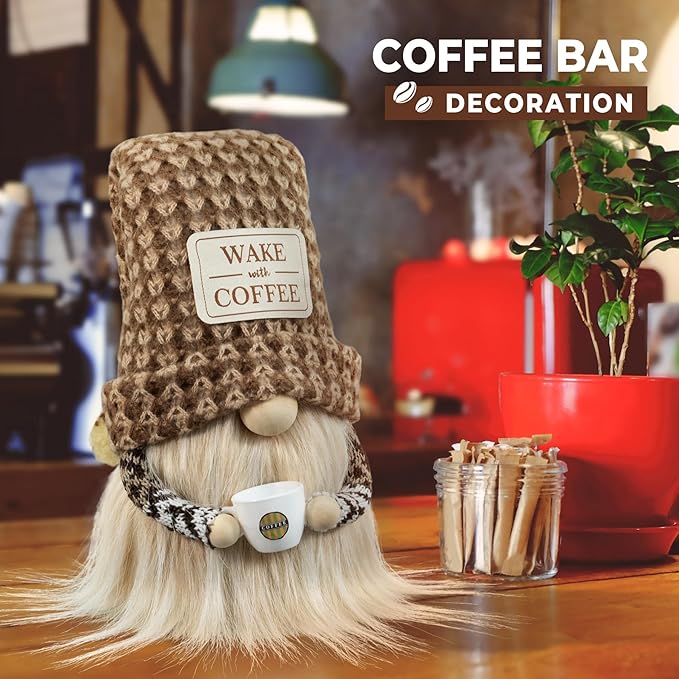 Coffee Gnome - Cute Plush Gnome Holding Cup, Handmade Bar Decor & Accessories, Gift for Coffee Lovers, Swedish Tomte Elf Dwarf for Station, Kitchen, Valentine, Christmas & Home Decorations