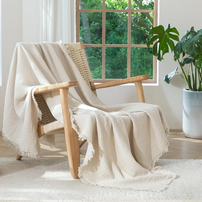 MooMee Muslin Blanket - 100% Cotton 4-Layer Gauze Throw Blanket with All-Around Fringe, Soft Breathable Lightweight Cooling Summer Blankets for Bed Couch (Beige,Throw 60" x 50")