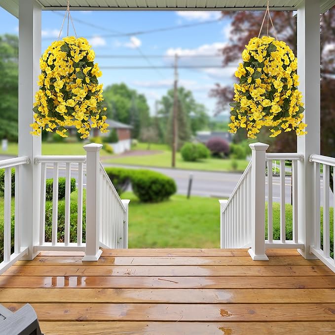 Sggvecsy Artificial Fake Hanging Flowers Plants for Outdoor Outside Spring Summer Decoration 2PCS Faux Silk UV Resistant Realistic Morning Glory Trailing Vines for Home Porch Patio Balcony(Yellow)