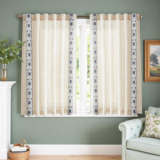 jinchan Small Window Curtains 54 Inch Length Linen Cafe Curtains for Kitchen Bathroom Floral Embroidered Short Drapes Rustic Farmhouse Light Filtering Curtain Set 2 Panels Blue on Beige