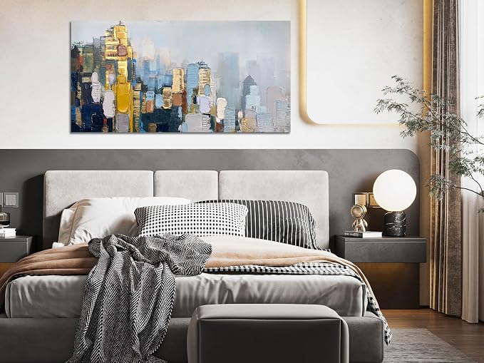 Arjun Neutral Wall Art Painting Abstract Art Wall Decor Canvas, Large Textured Skyline for Living Room Gold Painting Modern Wall Art for Men Bedroom Cityscape Artwork Home Office Wall Decor, 40"x20"
