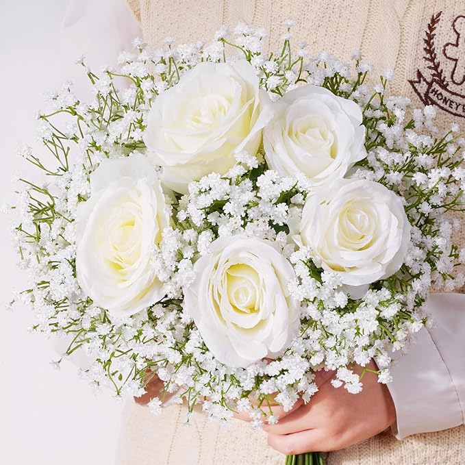 Waipfaru 15Pcs Babys Breath Artificial Flowers, Baby Breath Flowers Artificial Bulk, Real Touch Fake White Flowers, Faux Babies Breath Gypsophila for Wedding Home Decor Floral Arrangement