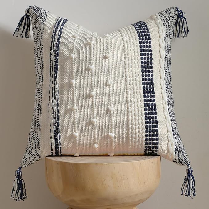 DEZENE Boho Pillow Cover 18x18 Navy Blue - Handmade Woven Textured Throw Pillow Case with Cordings & Tassels, Decorative Accent for Couch Sofa Bed Farmhouse Living Room Bedroom Home Decor