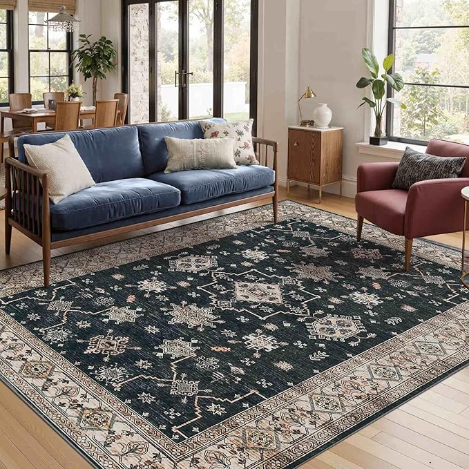 Rugxara Area Rugs for Living Room Bedroom, Washable Rug, Black Vintage Floral Boho Rug, Non Slip & Low Pile Faux Wool Accent Carpet for Indoor Dining Room, Kids Room and Office(Black 4x6ft)