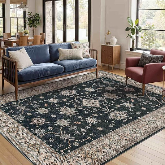 Rugxara Area Rugs for Living Room Bedroom, Washable Rug, Black Vintage Floral Boho Rug, Non Slip & Low Pile Faux Wool Accent Carpet for Indoor Dining Room, Kids Room and Office(Black 4x6ft)