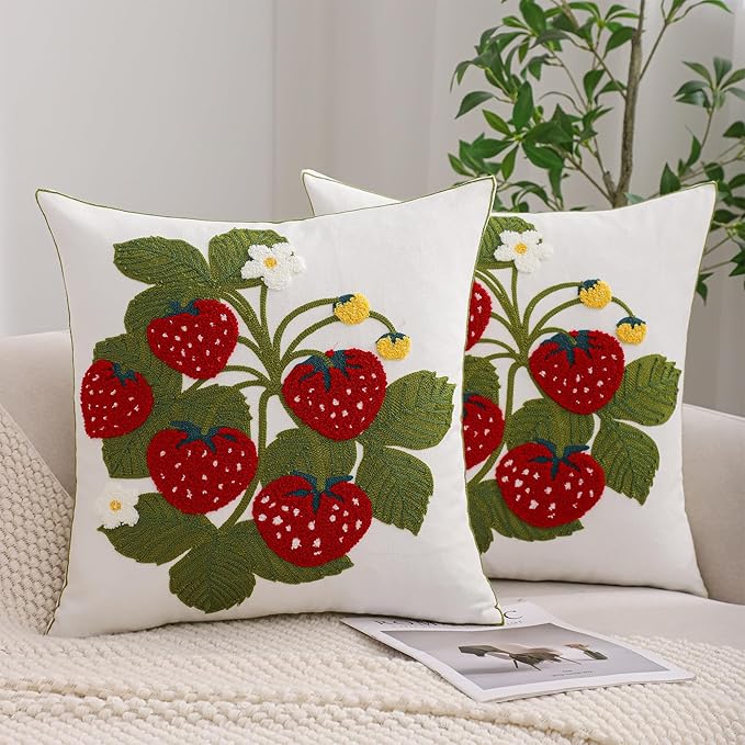 Embroidered Throw Pillow Covers 18x18 inch Pack of 2 Red Strawberry with Green Leaves Floral Pillowcases Farmhouse Pillow Cushion Cases Spring Summer Home Decor for Sofa Bed Living Room